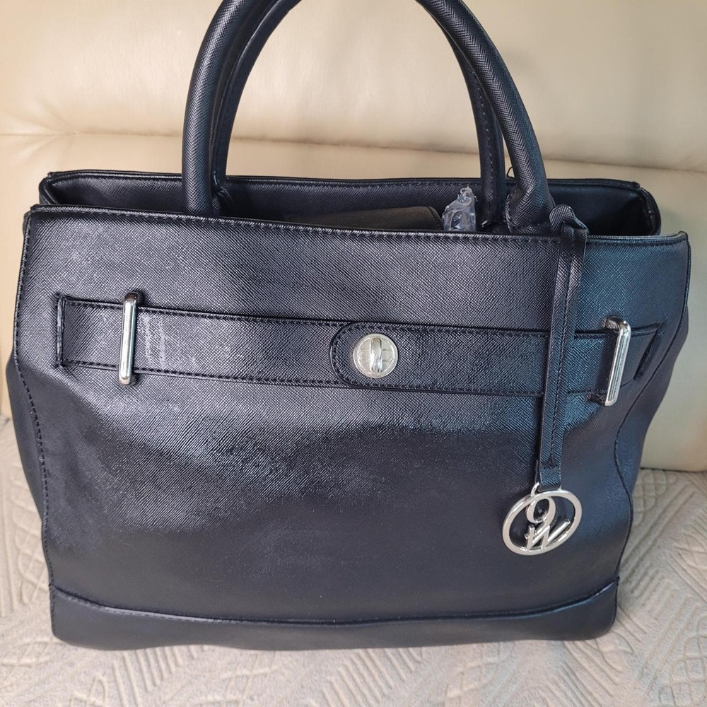 Nine West Black Faux Leather Tote Bag Emblem Multiple Pockets